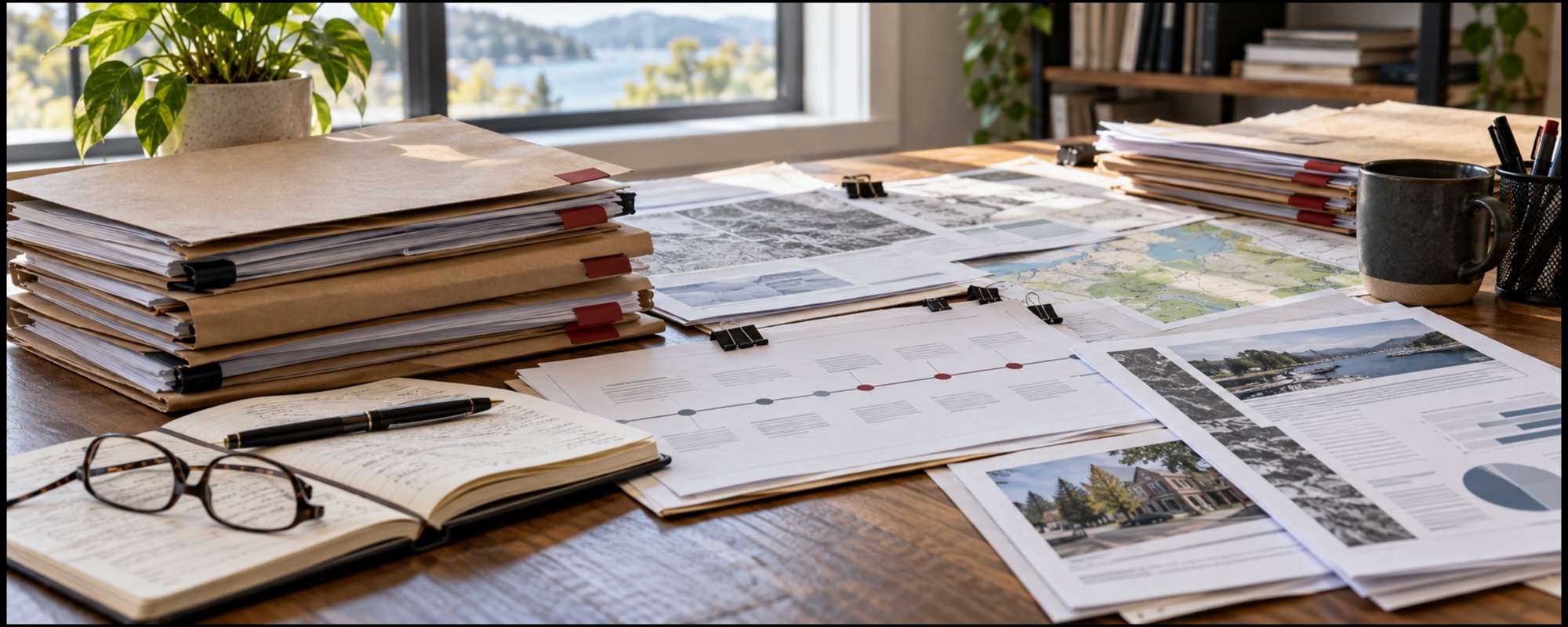 Organized case files, public records, maps and timeline documents spread across a newsroom desk.