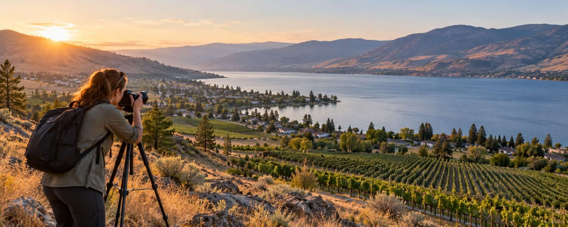 Photographer composing an Okanagan landscape overlooking a lake, vineyards and a lakeside community.